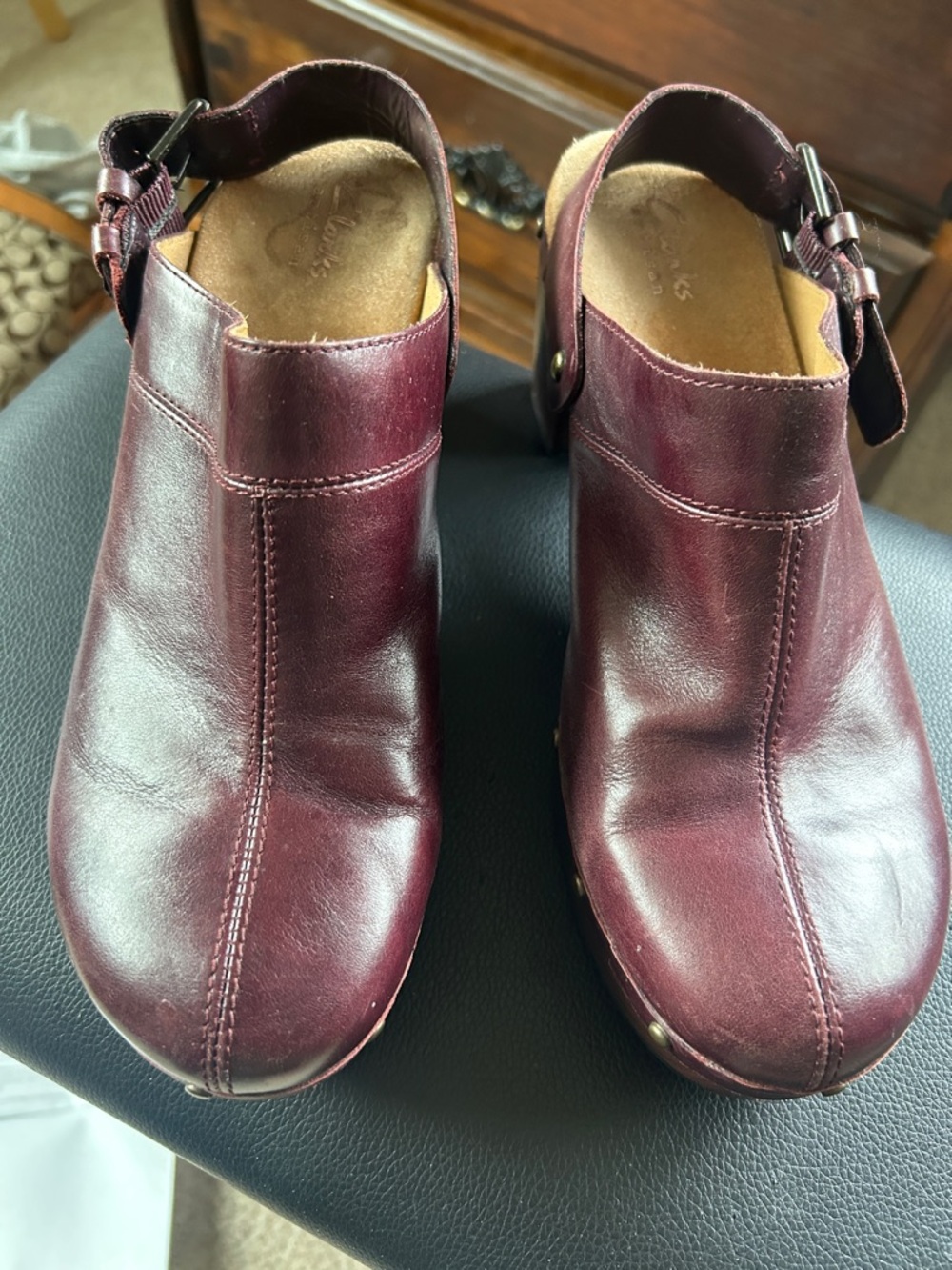 Women’s Clark’s Burgundy Leather Clog Sandals - Classic Comfort